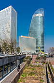 Grand Paris (The Greater Paris),La Defense office district,vegetable garden at the foot of the Tour Egee (head office of the group Elior) and T1 (Engie),and the hotel Pullman