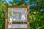 France,Causses du Quercy natural regional Park,Lot,Natural sensitive space of the Lot,Alzou and Ouysse valley,signs indicating the Moulin du Saut hiking trail (Saint James way)