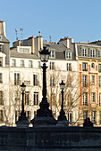 France,Paris,75,1st arrondissement,details of the Pont-Neuf with the buildings of l'Ile de la Cite in the background