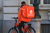 Meal delivery on bicycle. Takeaway