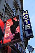 Belgium,Brussels,Illuminated sign of a sex shop. Hotel