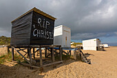 France,Pas de Calais,Bleriot-Plage,beach cabin packed in homage to Christo