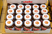 Products in a supermarket shelf. Spread. Nutella