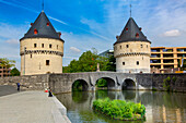 Europe,Belgium,Kortrijk,West Flanders Province. De Broel tower. Lys river