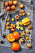 Exotic fruits: star fruit, kumquats, persimmons, figs, physalis