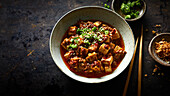 Mapo tofu with spring onions and rice