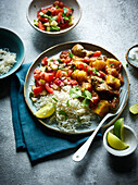 Mushroom bhaji with basmati rice and tomato salad