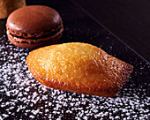 Madeleine and chocolate macaron with icing sugar