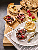 Homemade peanut butter and raspberry and verbena jam