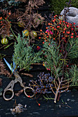 Herbstliche Bastelmaterialien: Zweige, Beeren, Schere und Garn