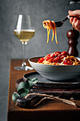 Spaghetti with baked tomatoes and parmesan