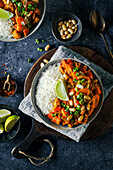 Asian chicken curry with peanuts and rice