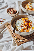 Yoghurt with caramelised apples and nuts