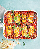 Halloumi casserole with chickpeas and sesame seeds