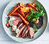 Steak with sweet potatoes and mushrooms from the hot air fryer