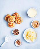 Ingredients for brioche casserole with caramel pudding and pecans