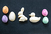 White chocolate rabbit, duck and egg