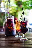 Sangria with fresh fruit pieces