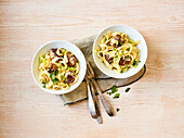 Ribbon noodle salad with meatballs