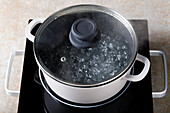 Pot of boiling water on the hob