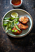 Thai fish cakes with chilli sauce and herbs