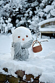 Snowman with grey scarf and basket in snowy garden