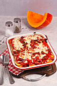 Lasagne with pumpkin, chorizo and mozzarella