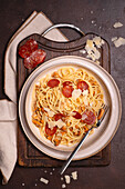 Linguine with chanterelles, chorizo and parmesan