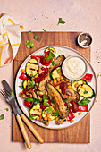 Grilled vegetables with tomato sauce and lemon dip