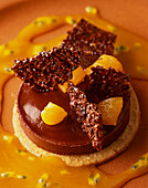 Chocolate tart with apricots and brittle