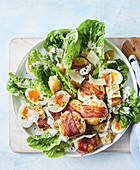 Chicken Caesar meatballs with salad and egg