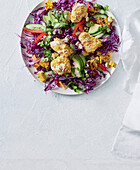 Crispy fish taco salad with baja dressing