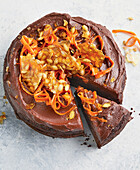 Chocolate cake with carrots and pumpkin seed brittle