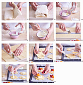 Prepare puff pastry with fruit and custard