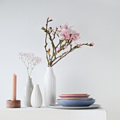 Magnolia in a vase with pastel-coloured crockery on a white pedestal