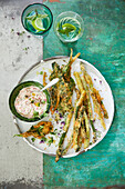 Green asparagus and chard in panko with radish remoulade