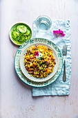 Ham dumplings with vegetables and cucumber salad