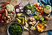 Various types of fruit and vegetables on the table