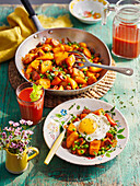 Summer hash with chorizo and fried egg