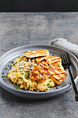 Grilled halloumi on lemon and dill polenta