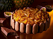 Tarte Mogador with pineapple, passion fruit and macarons