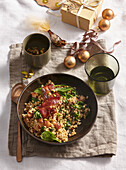 Barley risotto with spinach and bacon