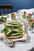 Spring tarte flamb�e with green and white asparagus