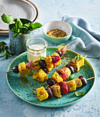 Grilled fruit skewers with walnut dip