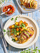 Stuffed chicken breast with roast potatoes