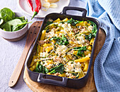 Penne casserole with tuna, spinach and parmesan