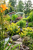 Lush summer garden with pond and yellow flowers in front of wooden shed