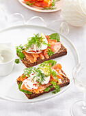 Sandwiches with smoked salmon, egg and radish