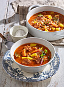 Slovakian sausage and cabbage soup with potatoes and carrots