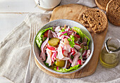 Spring salad with sausage, radishes and gherkins